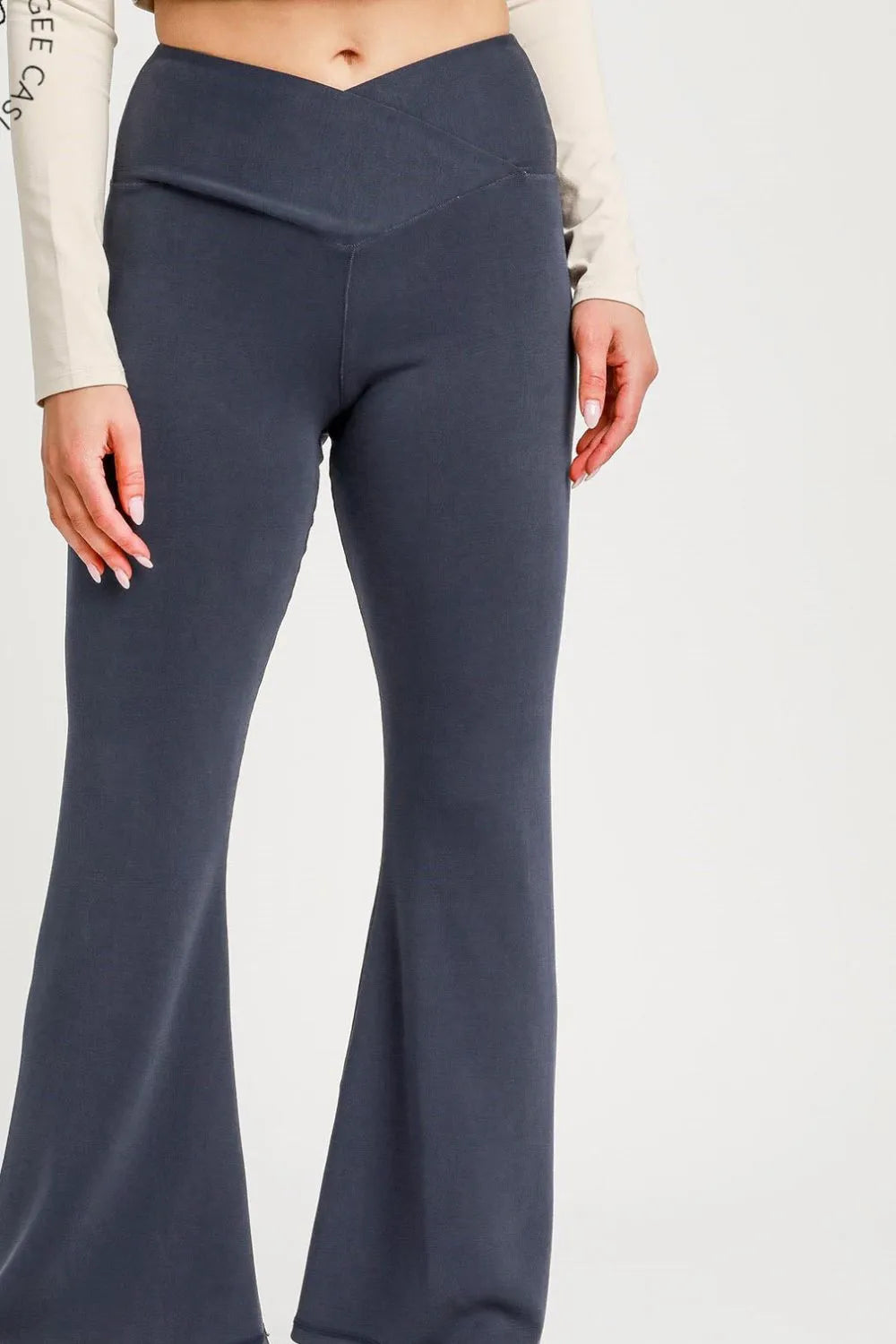 Umgee high waisted flare leggings in a stylish gray color, perfect for a chic look.