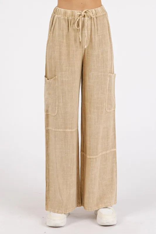 Mineral Wash Drawstring Elastic Waist Pants-Soul Flow Apparel