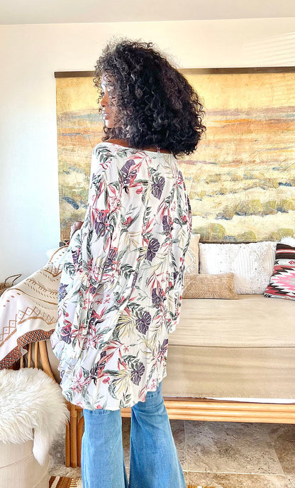 Tropical Leaves Draped Sleeve Kimono-Soul Flow Apparel