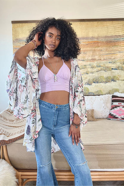 Tropical Leaves Draped Sleeve Kimono-Soul Flow Apparel