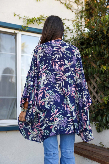 Tropical Leaves Draped Sleeve Kimono-Soul Flow Apparel