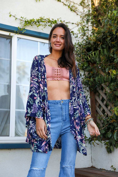 Tropical Leaves Draped Sleeve Kimono-Soul Flow Apparel