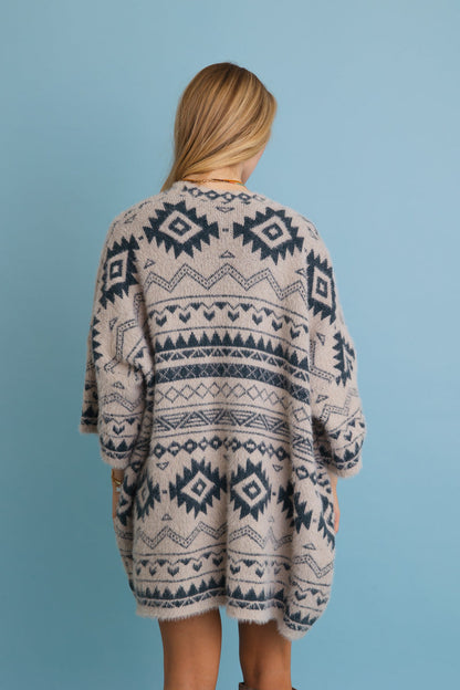 Leto Collection Aztec print knit cardigan with a cozy oversized fit and intricate tribal patterns