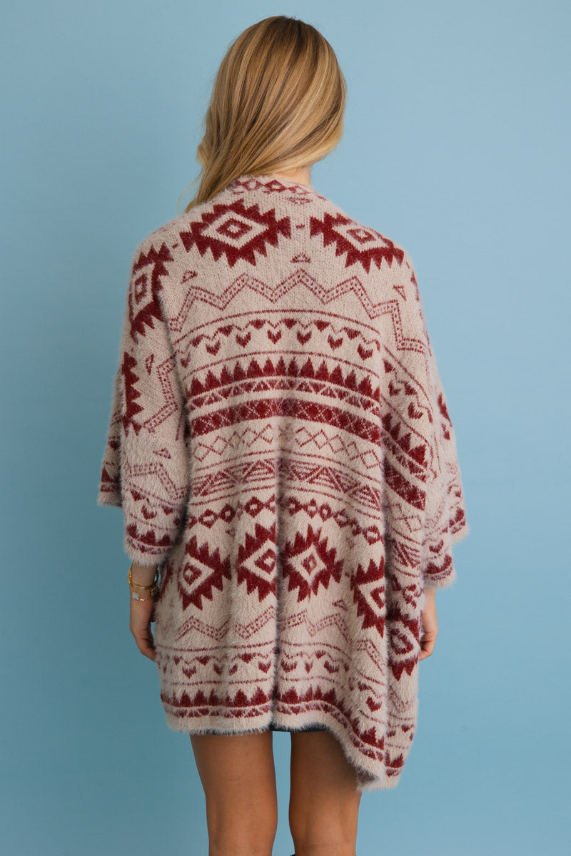 Leto Collection Aztec print knit cardigan with a cozy design and warm color patterns