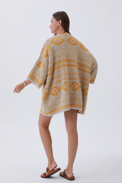 Leto Collection Aztec print knit cardigan in beige and yellow with a loose fit and stylish design