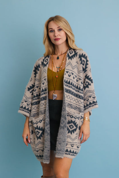 Leto Collection Aztec print knit cardigan with intricate patterns and a cozy design for stylish layering