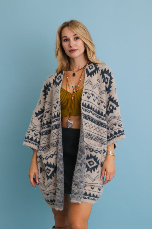 Leto Collection Aztec print knit cardigan with intricate patterns and a cozy design for stylish layering
