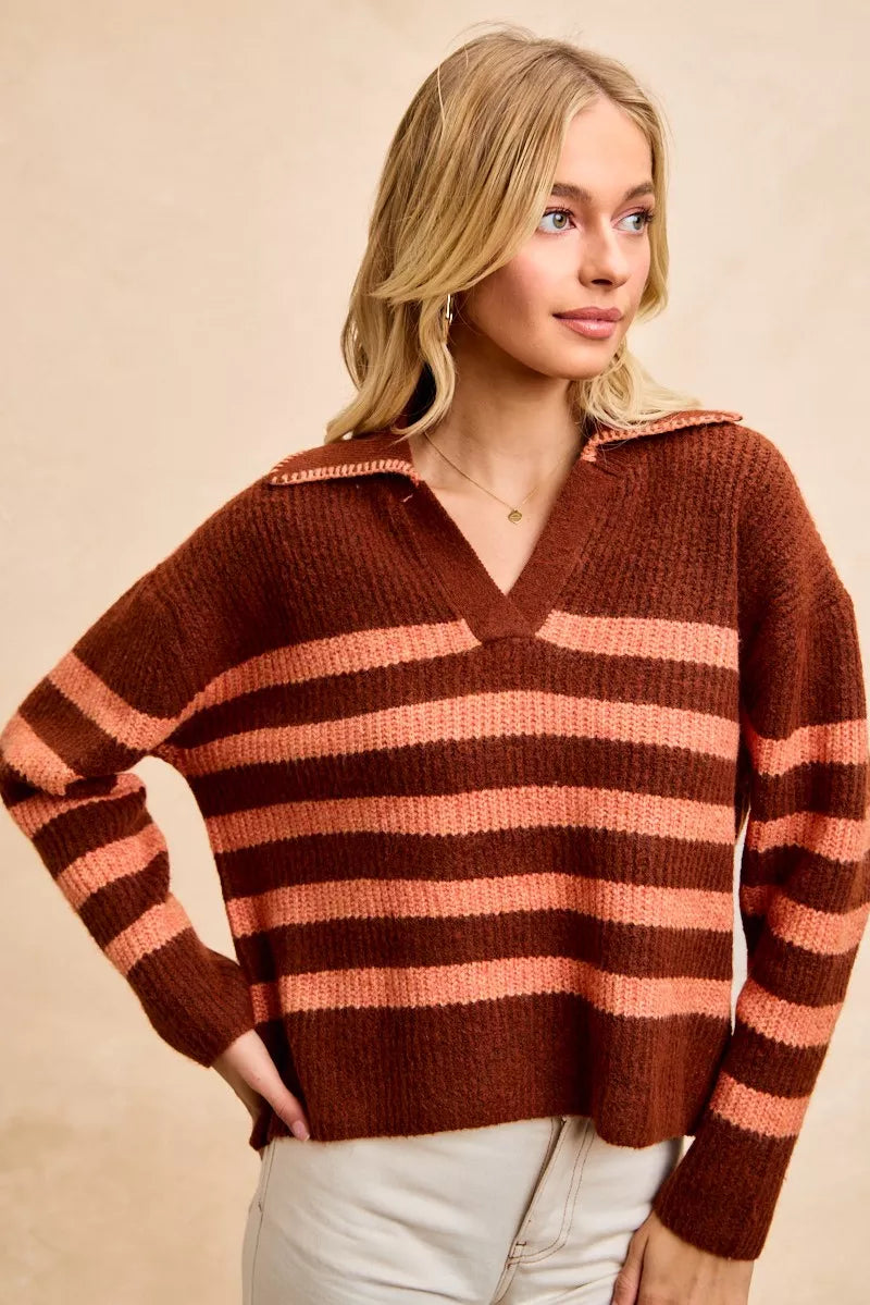 Brown and pink striped sweater top for women with a V-neck and long sleeves