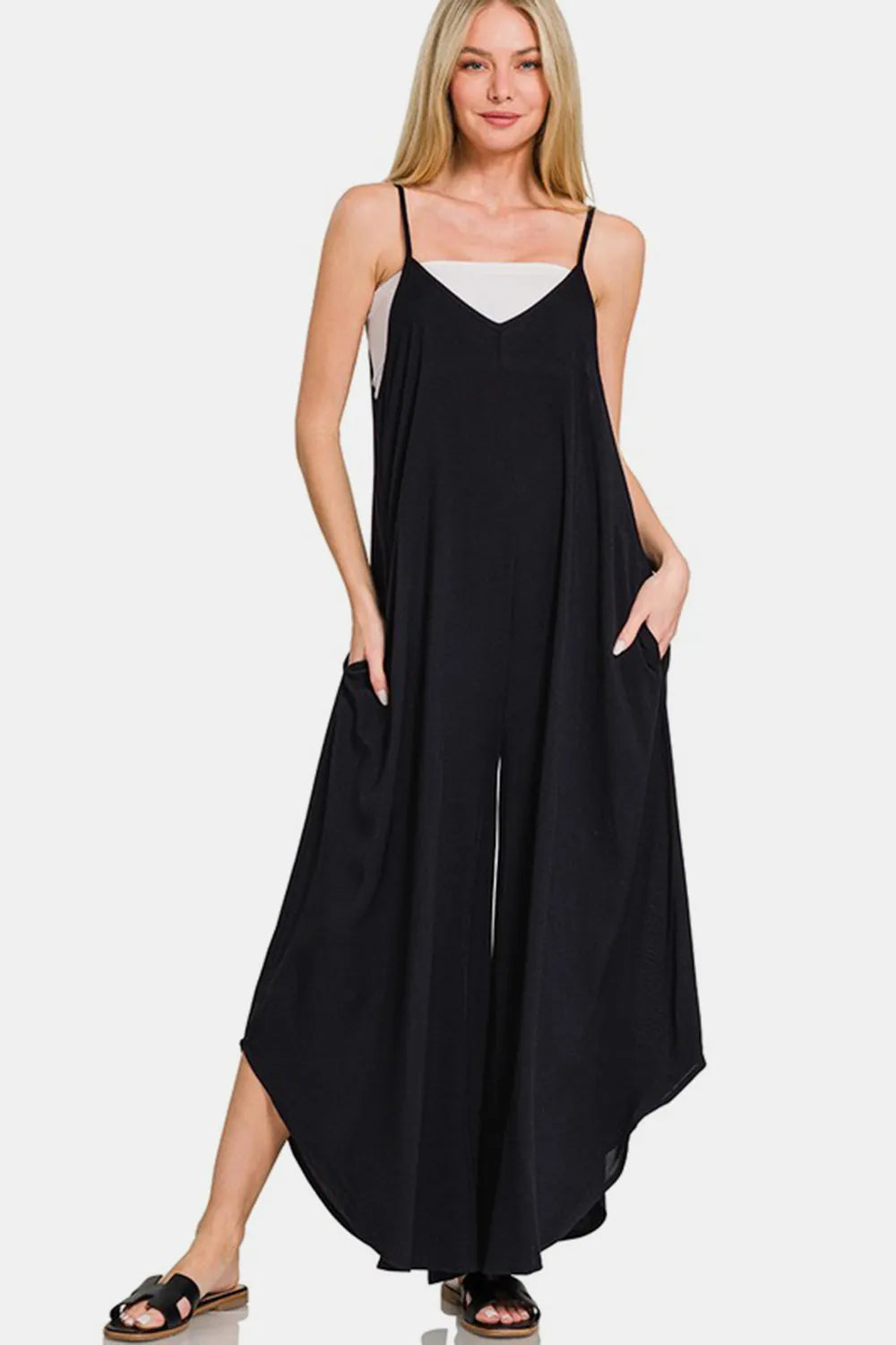 Zenana Spaghetti Strap Wide Leg Overalls with Pockets-Soul Flow Apparel
