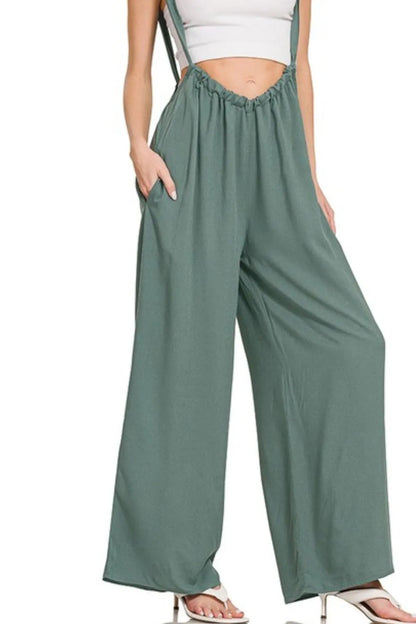 Trendsi boho suspender jumpsuit for women in green with wide legs and adjustable straps