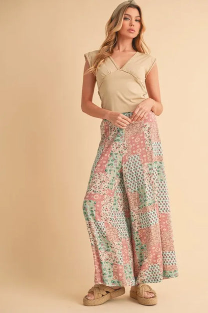 Trendsi Boho Wide Leg Pants featuring a colorful floral patchwork design and a comfortable fit