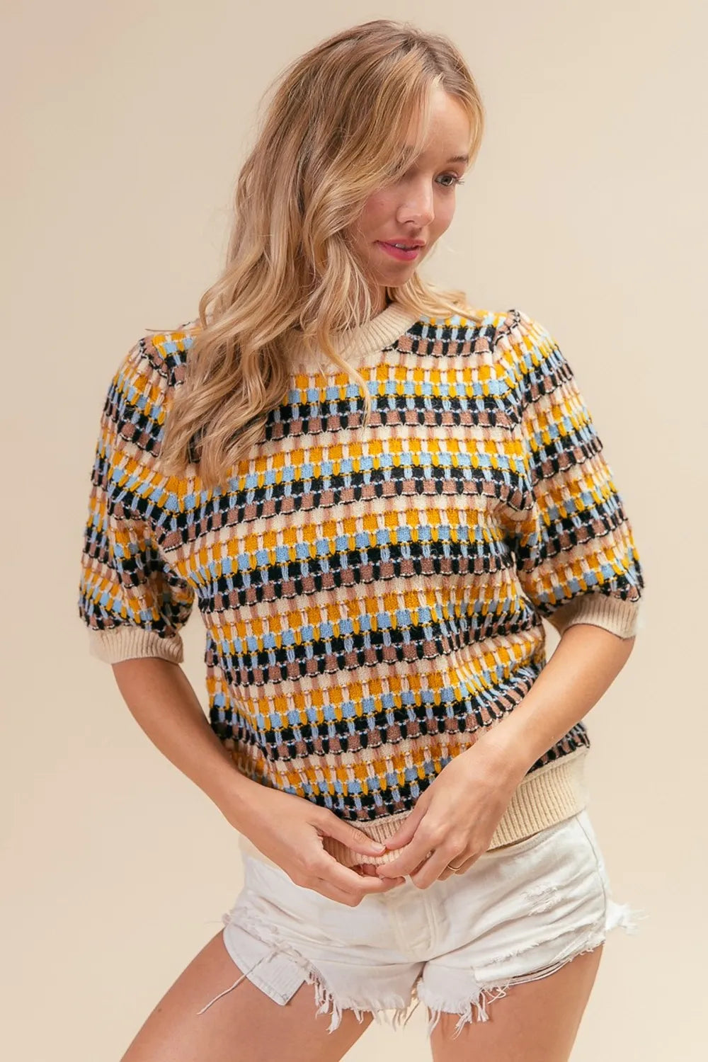 Trendsi boho multi color sweater with short sleeves and a vibrant striped pattern, perfect for casual wear.