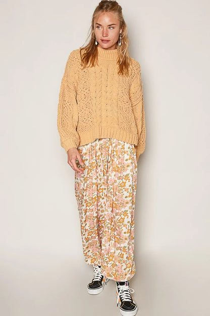 Trendsi mock neck cable knit sweater in beige paired with a floral skirt for a trendy outfit