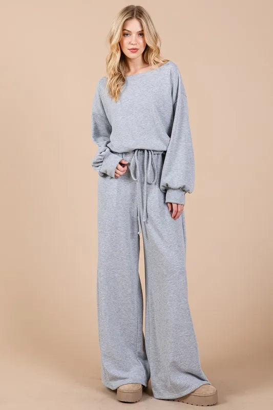 Trendsi boho long sleeve jumpsuit in grey with wide-leg design and drawstring waist