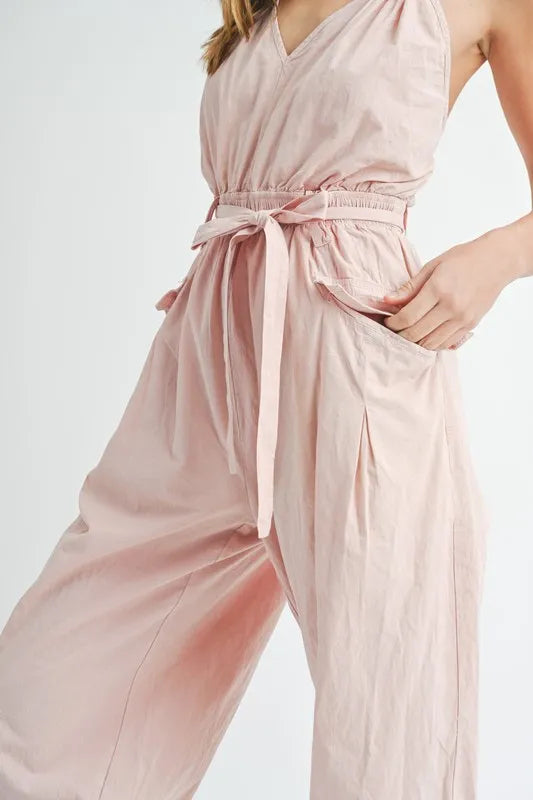 MABLE Washed Fabric Spaghetti Strap Waist Belted Jumpsuit-Soul Flow Apparel