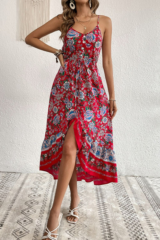 Perfee Bohemian Decorative Button Spaghetti Strap Dress-Soul Flow Apparel