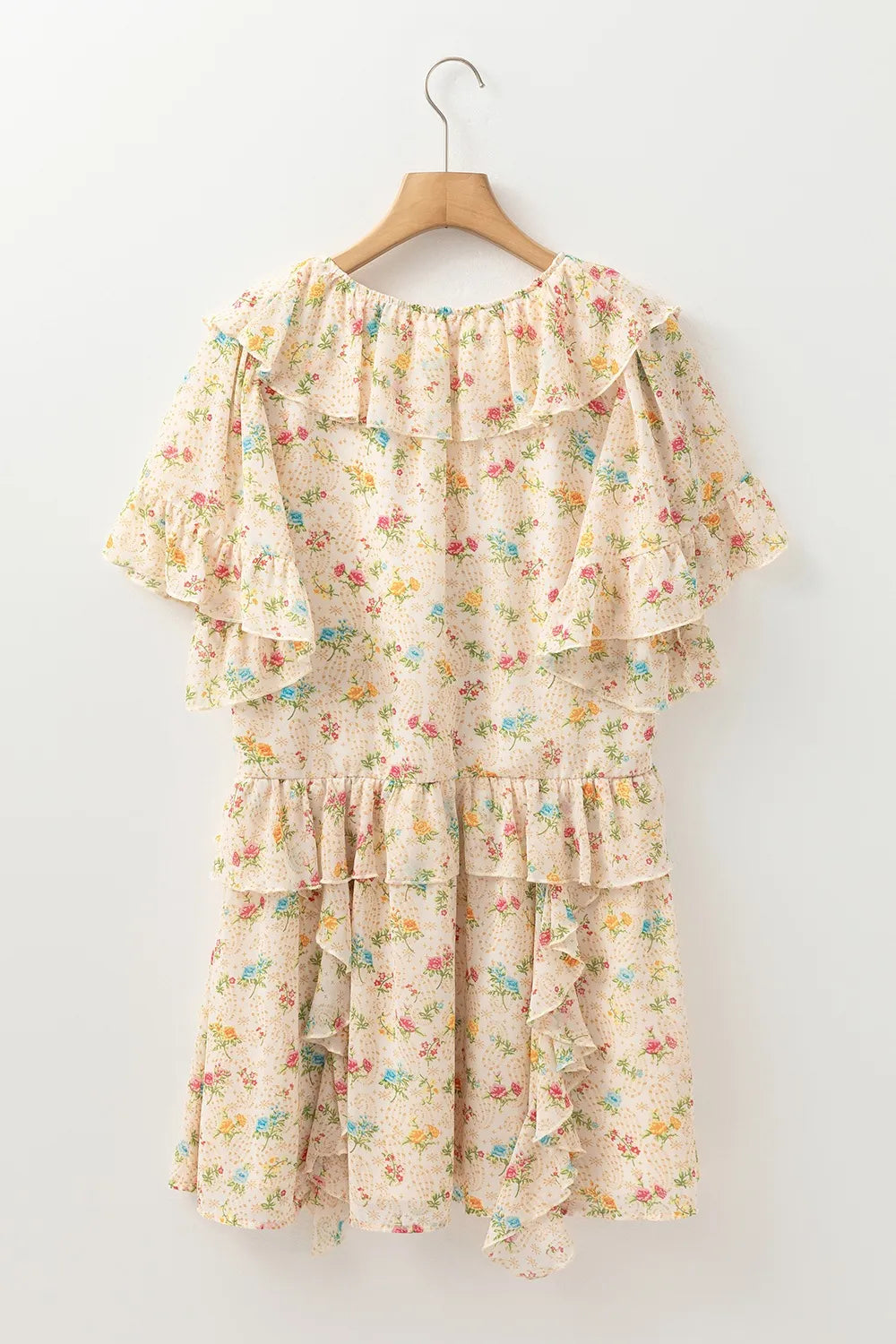 Boho Floral Tassel Tie V Neck Ruffle Wide Sleeve Mini Dress-Soul Flow Apparel