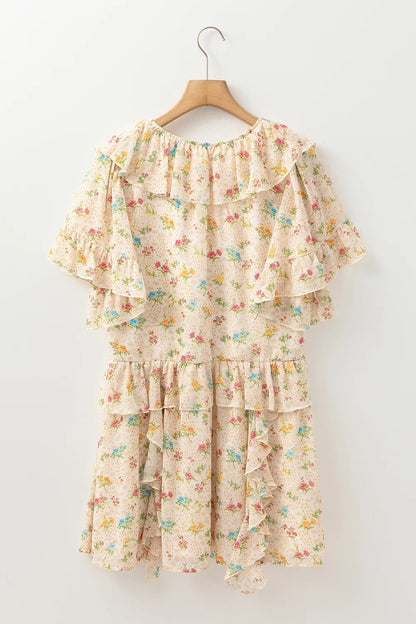 Boho Floral Tassel Tie V Neck Ruffle Wide Sleeve Mini Dress-Soul Flow Apparel