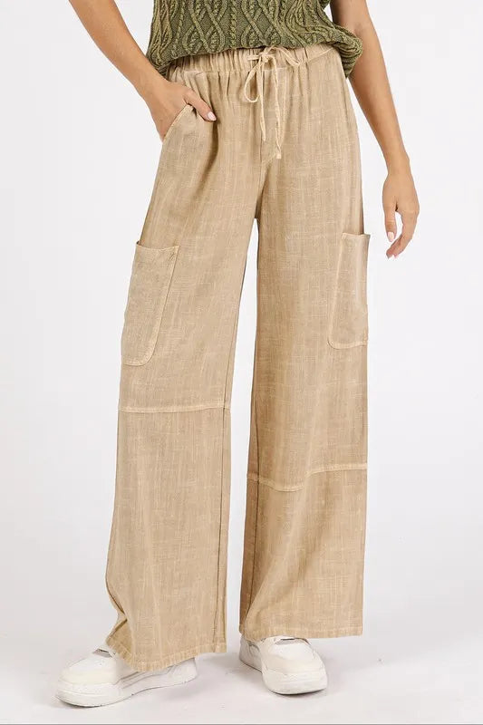 Mineral Wash Drawstring Elastic Waist Pants-Soul Flow Apparel