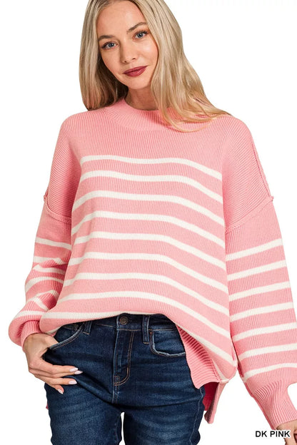 Trendsi striped oversized sweater for women in pink with white stripes, perfect for casual outfits