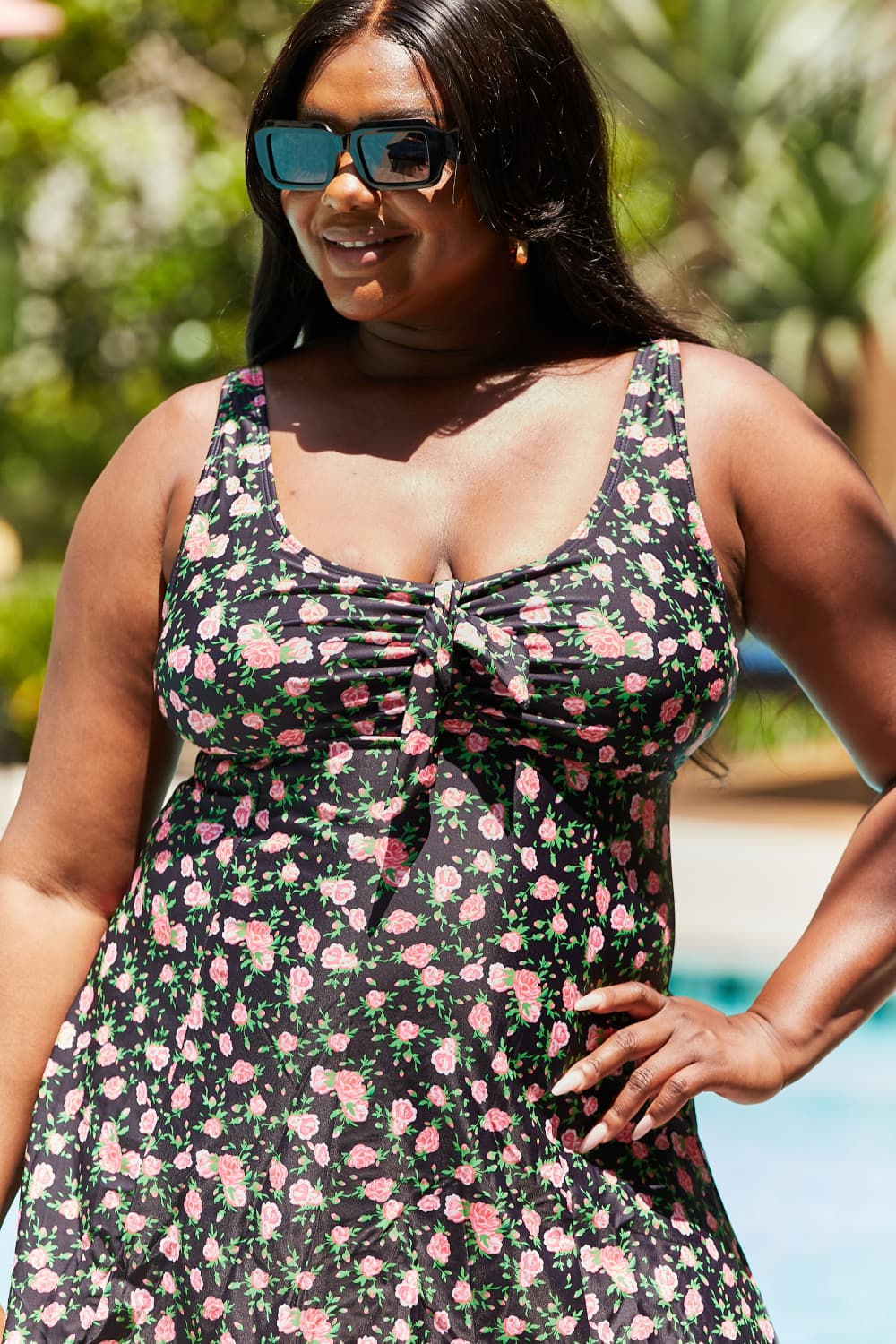 Marina West Swim Full Size Clear Waters Swim Dress in Black Roses-Soul Flow Apparel