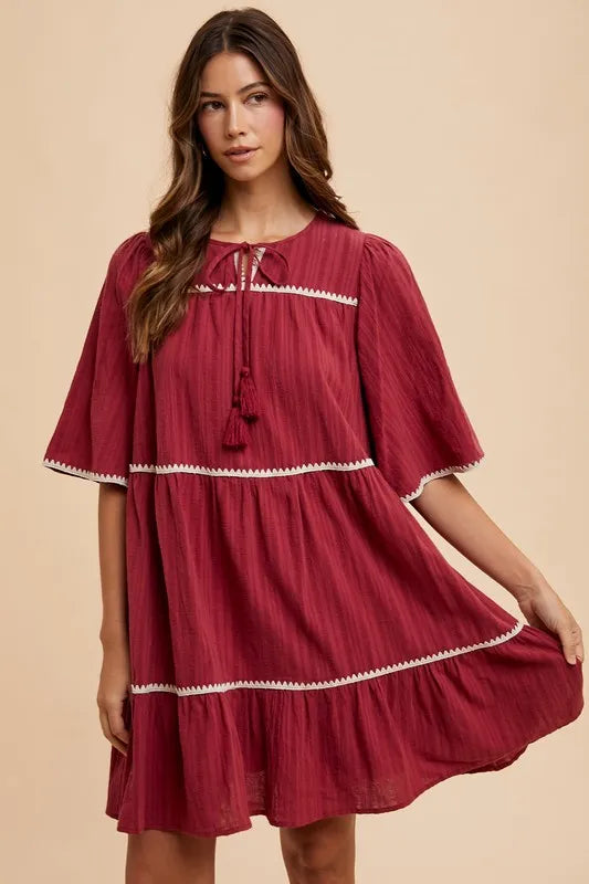 Annie Wear Tassel Contrast Trim Tie Neck Half Sleeve Tiered Dress-Soul Flow Apparel