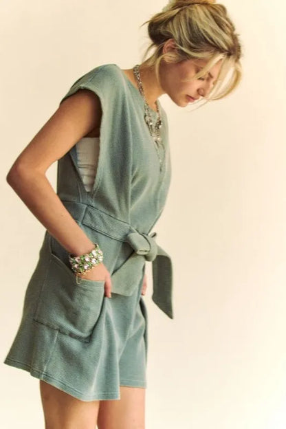 Trendsi acid washed waffle knit romper with a belted waist and pockets for a stylish summer look