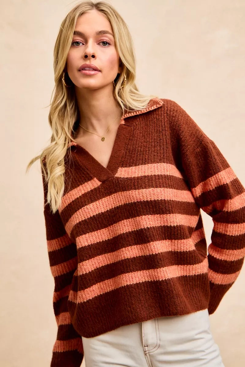 Trendy striped sweater top for women in brown and peach with a cozy V-neck design