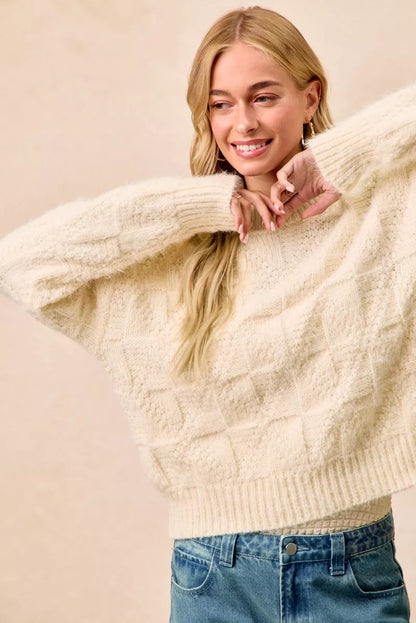 Cream Colored Checker Board Drop Shoulder Sweater for a Cozy Casual Look
