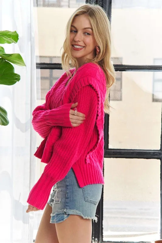Trendsi boho ruffle detail sweater in bright pink paired with denim shorts for a stylish casual look