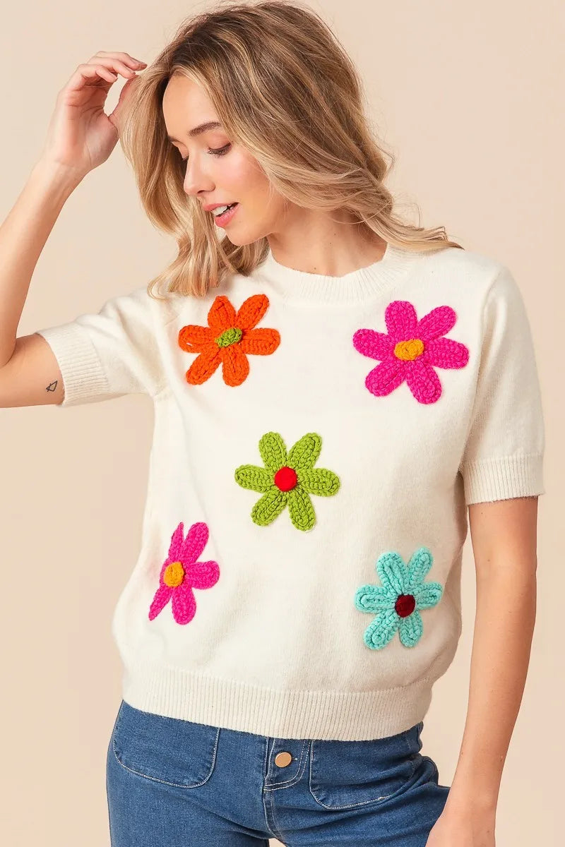 Trendsi crochet flower sweater top in cream with colorful 3D flower appliqués for a playful look