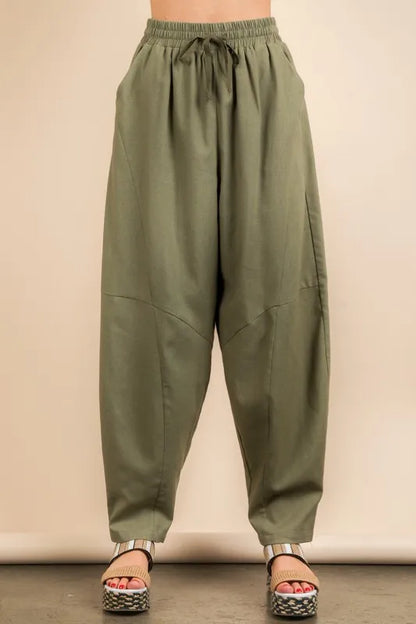 Stylish olive green boho woven pants for women with a comfortable, relaxed fit