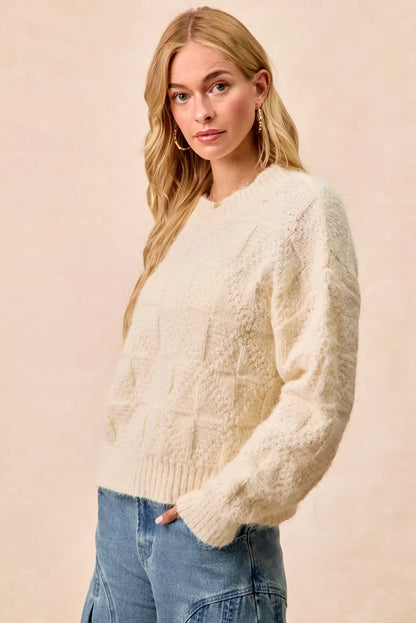 Trendsi Checker Board Drop Shoulder Sweater in Cream with Textured Knit Design