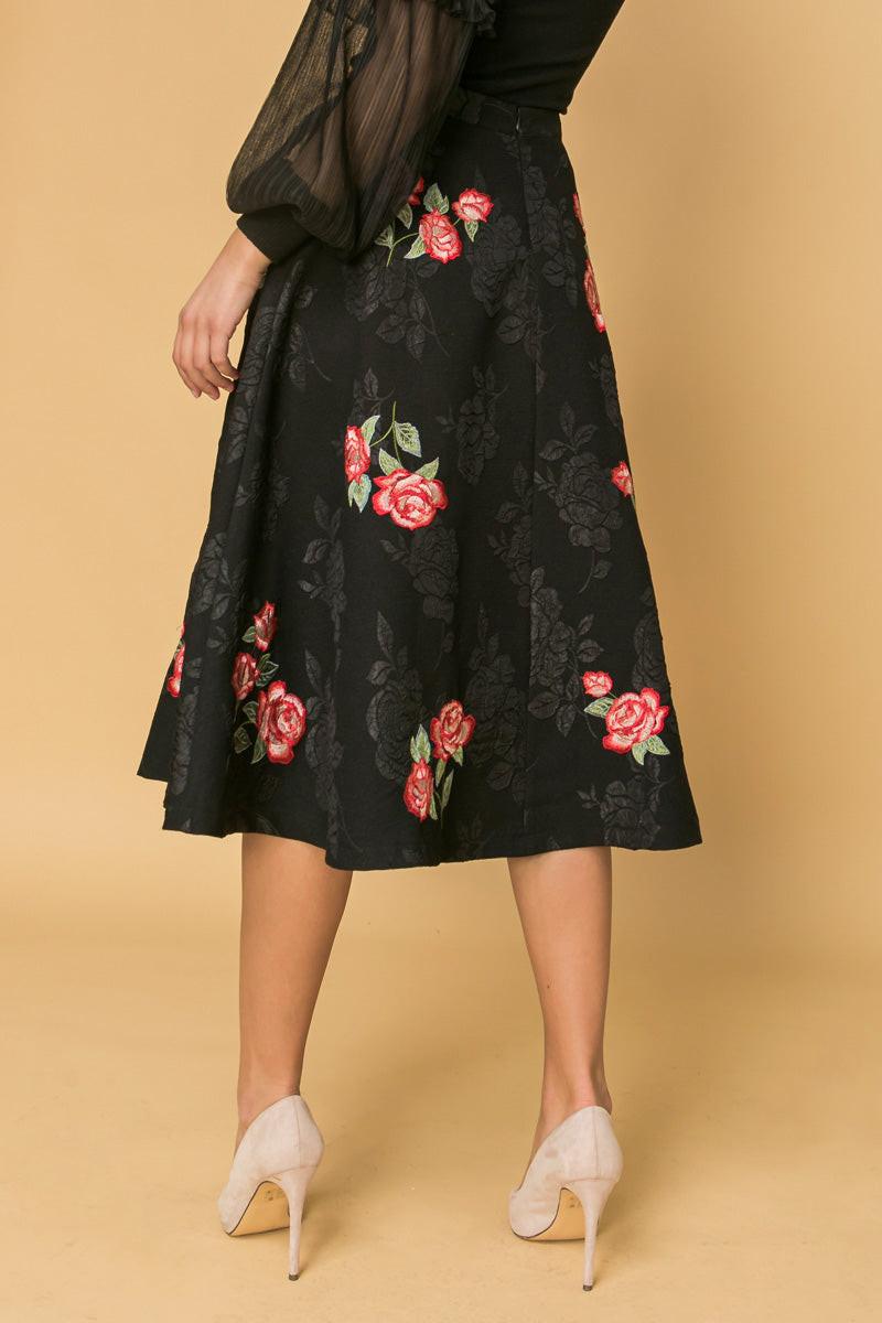 Rose Embroidery Midi Skirt Polyester With Black Rose Brocade Detail