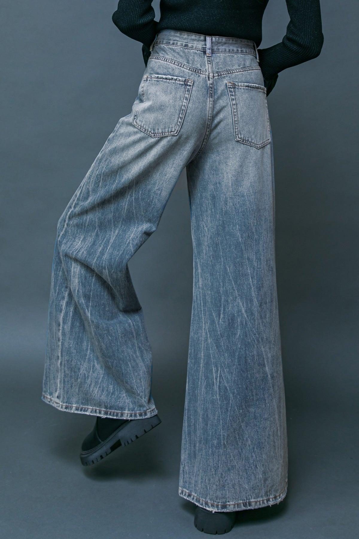 Daring Trend Washed Denim Pants Wide Leg Front Pockets For Everyday Wear