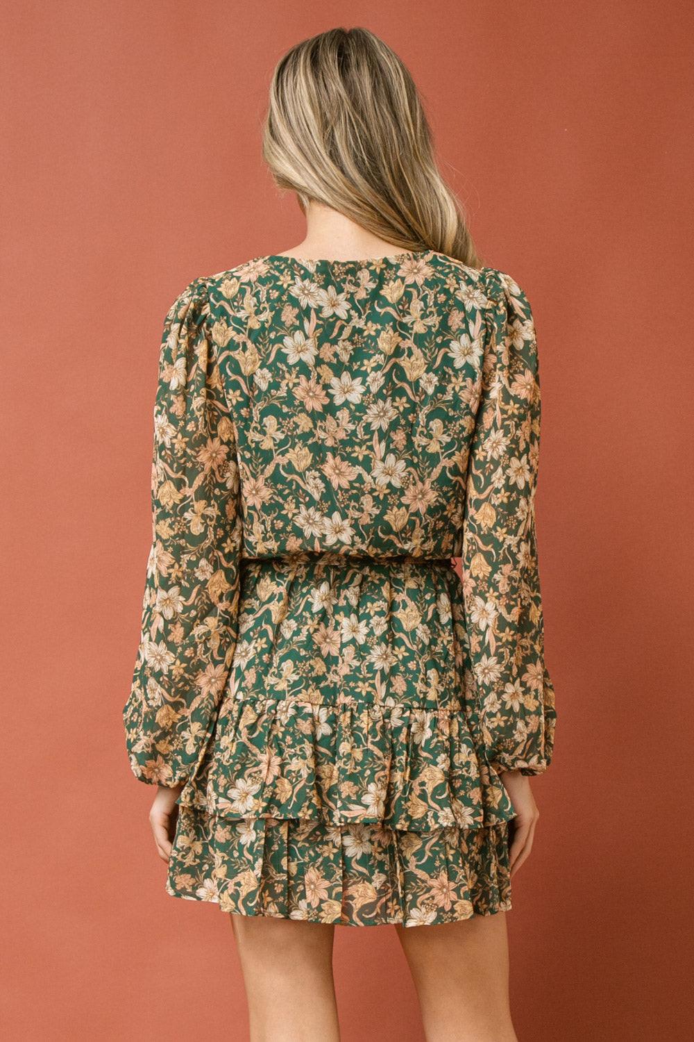 Care To Dance Woven Printed Mini Dress With Surplice Neckline Long Sleeve