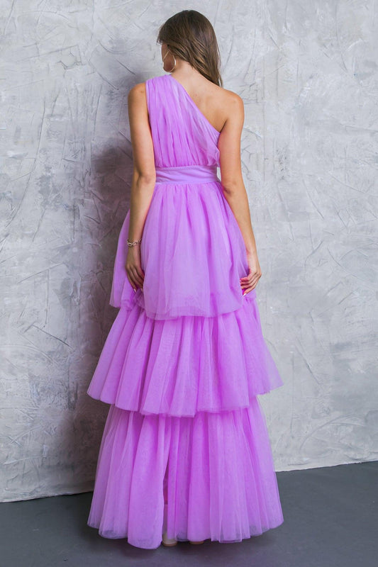 One Shoulder Maxi Dress With Layered Tulle Skirt And Side Zipper Closure
