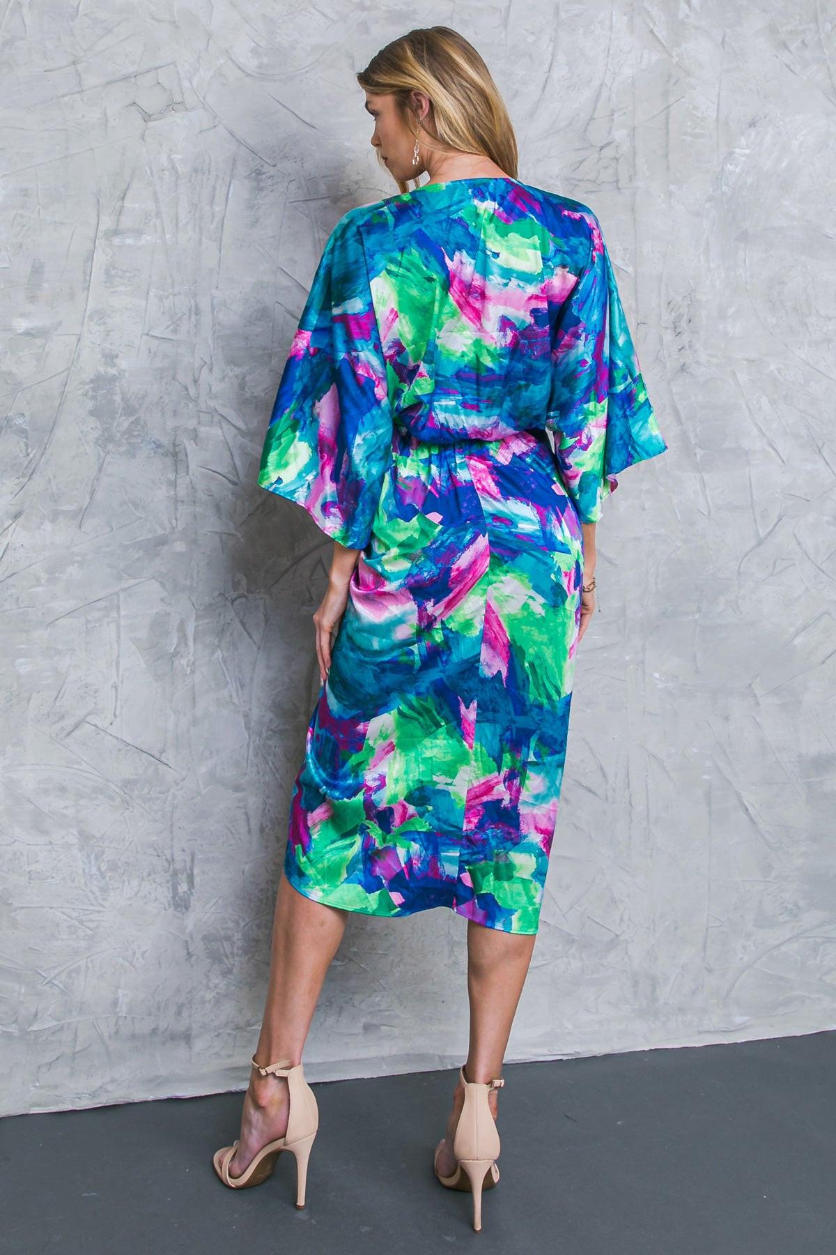 On The Horizon Woven Satin Midi Dress Plunging V Neck Kimono Sleeves