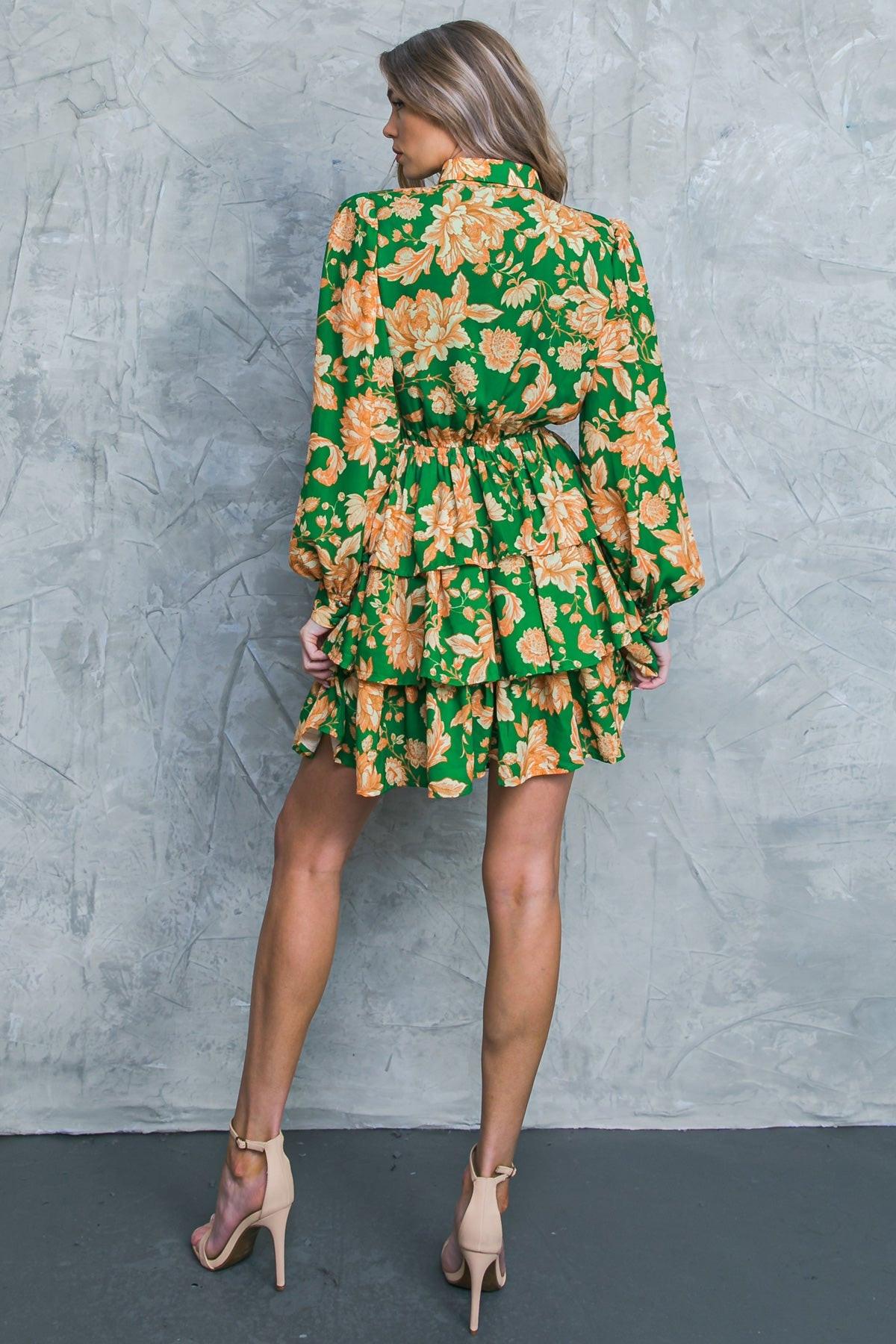 Girl In Mine Printed Woven Mini Dress With Collar Tie And Elastic Waist