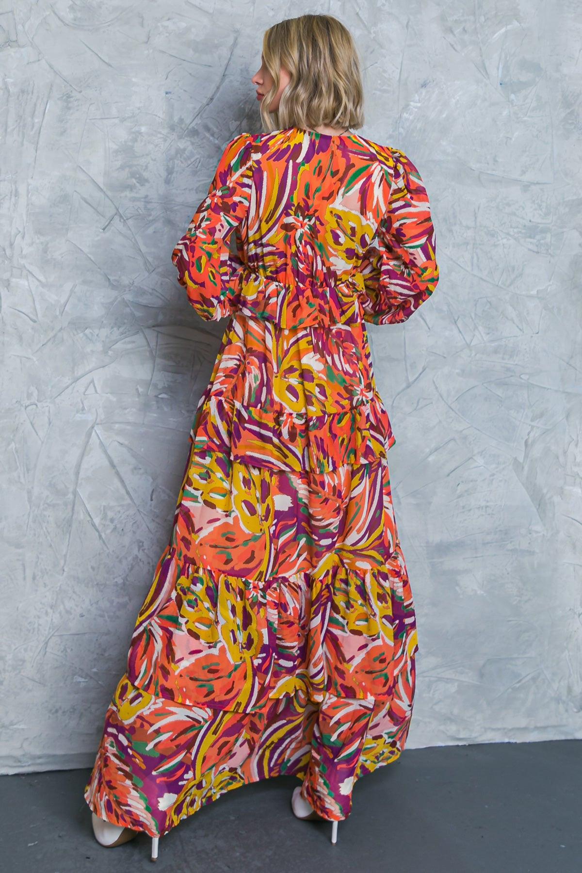 Wonderful Soul Woven Maxi Dress With V Neck Elastic Waist And Long Sleeves