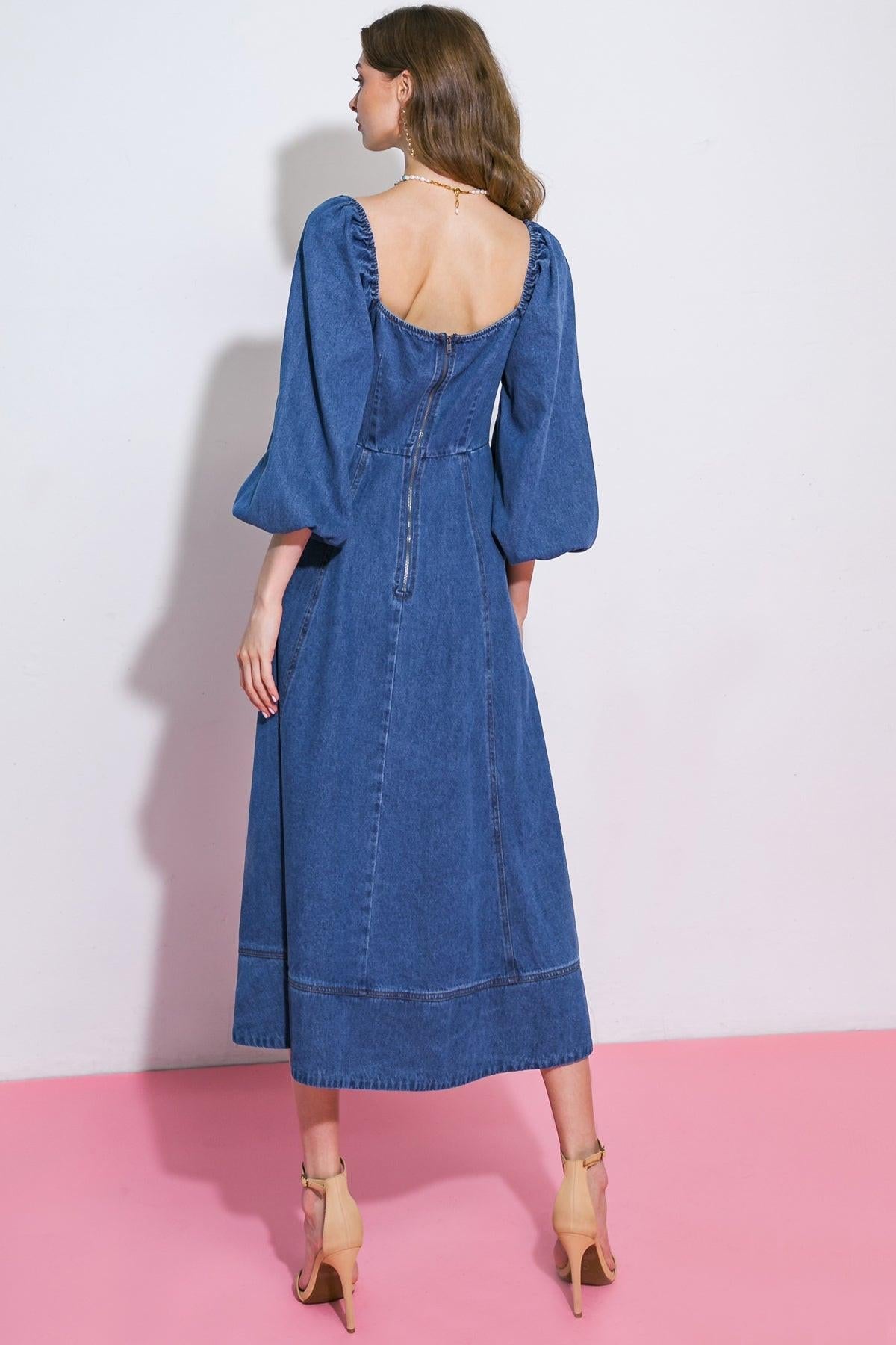 Feelin's Groovy Denim Midi Dress Square Neckline Long Sleeve Back Zip Closure