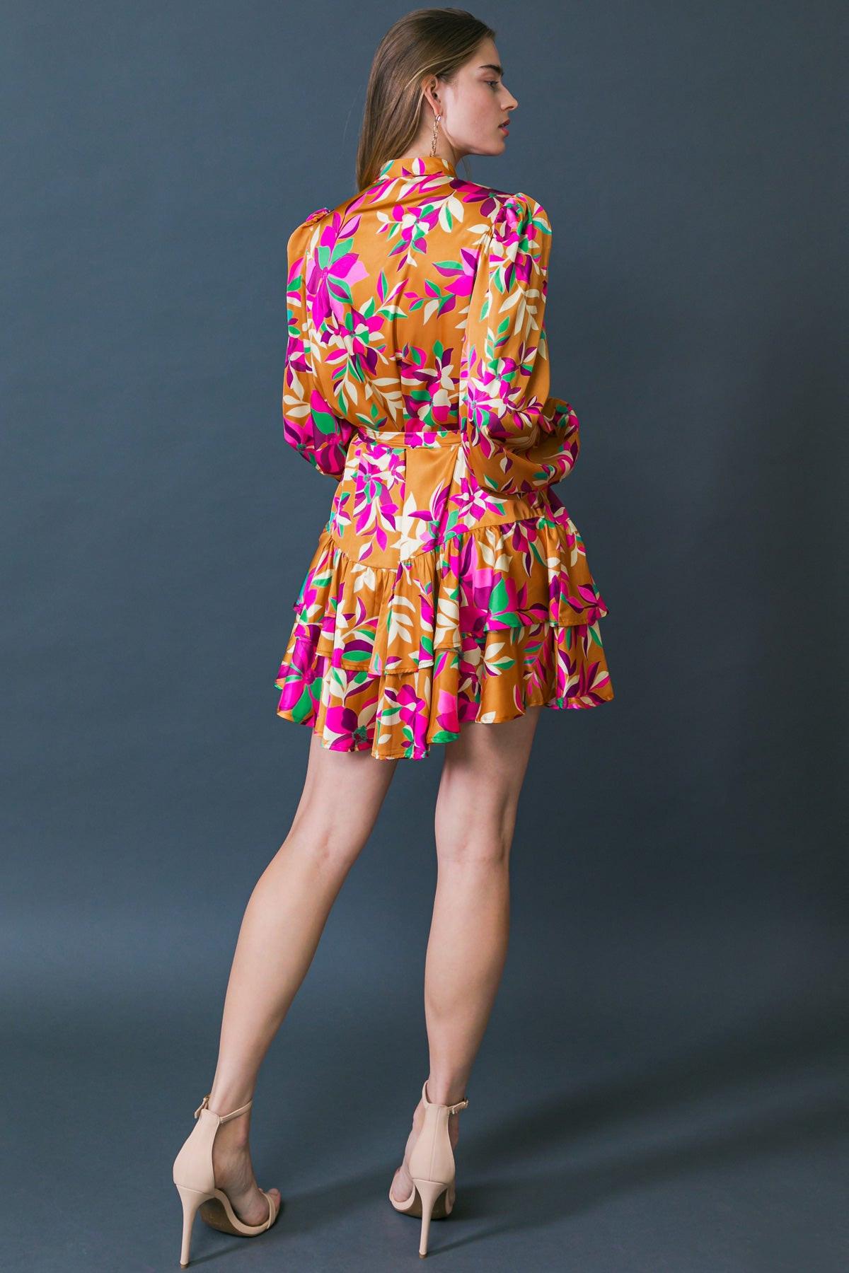 Just Believe In Me Woven Mini Dress Printed With China Collar Button Down