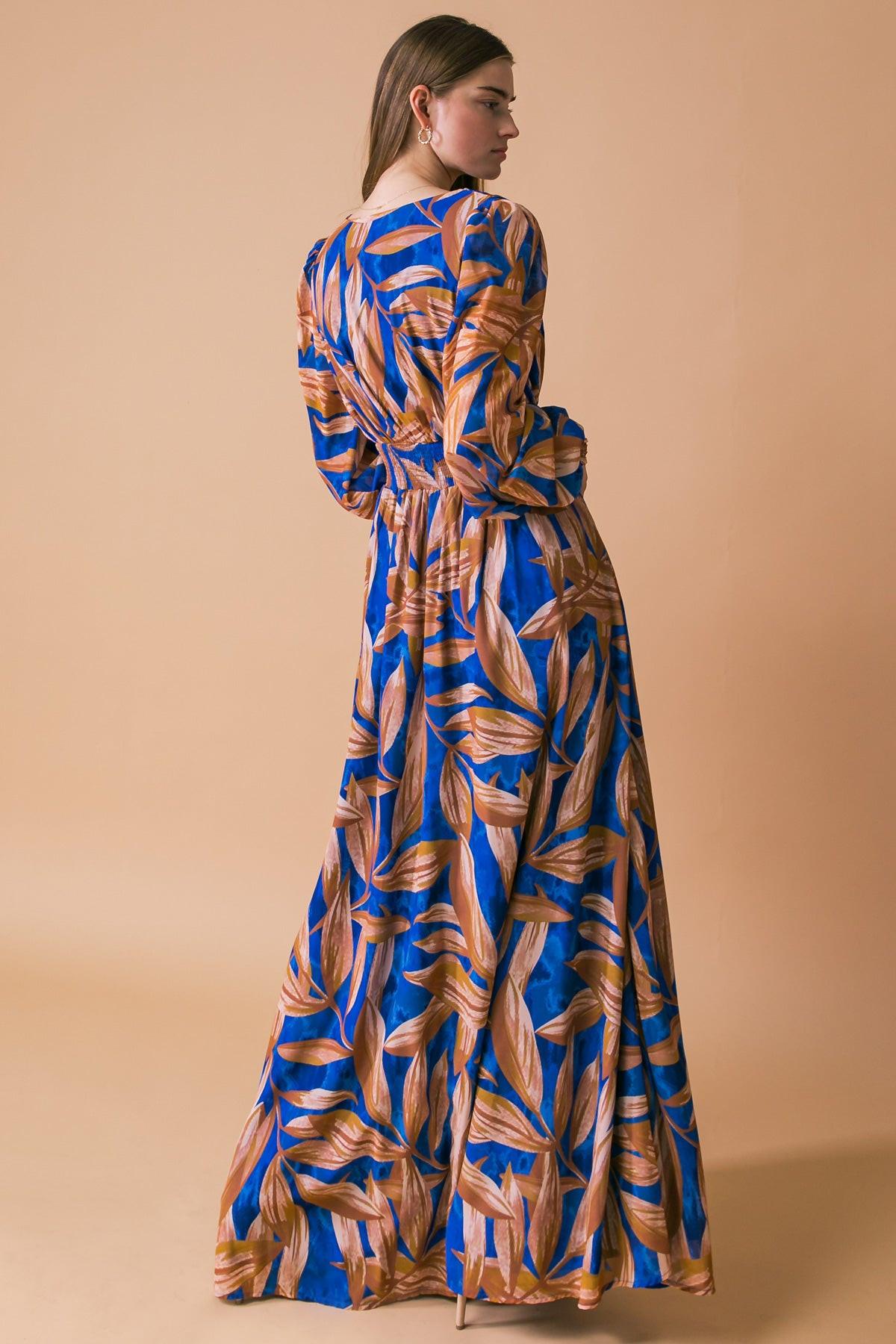 The Hope Of It All Printed Woven Maxi Dress With V Neck Smocked Sleeves