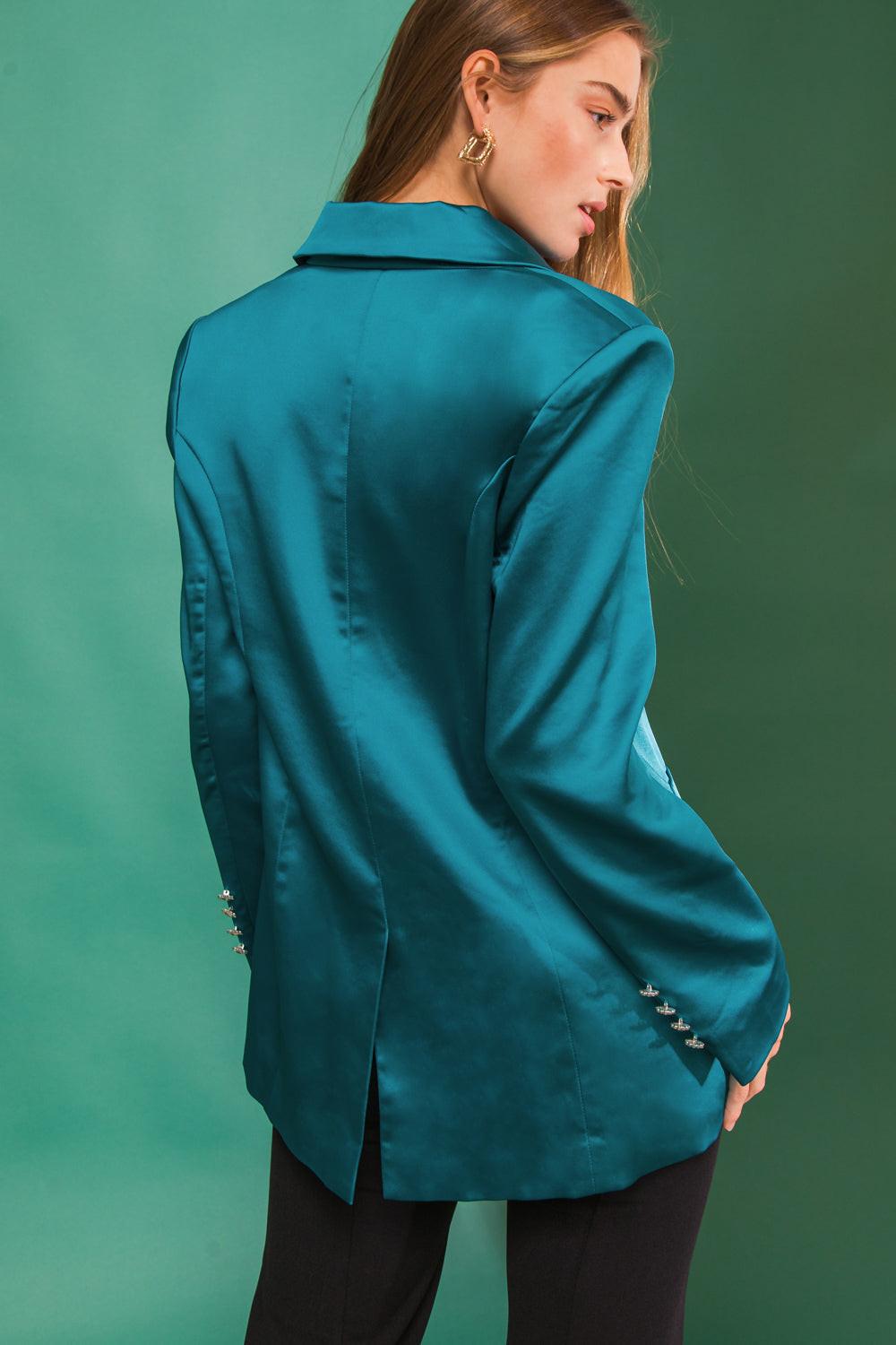 Perfect For Me Satin Blazer With Front Pockets Tailored Fit And Sleeve Buttons