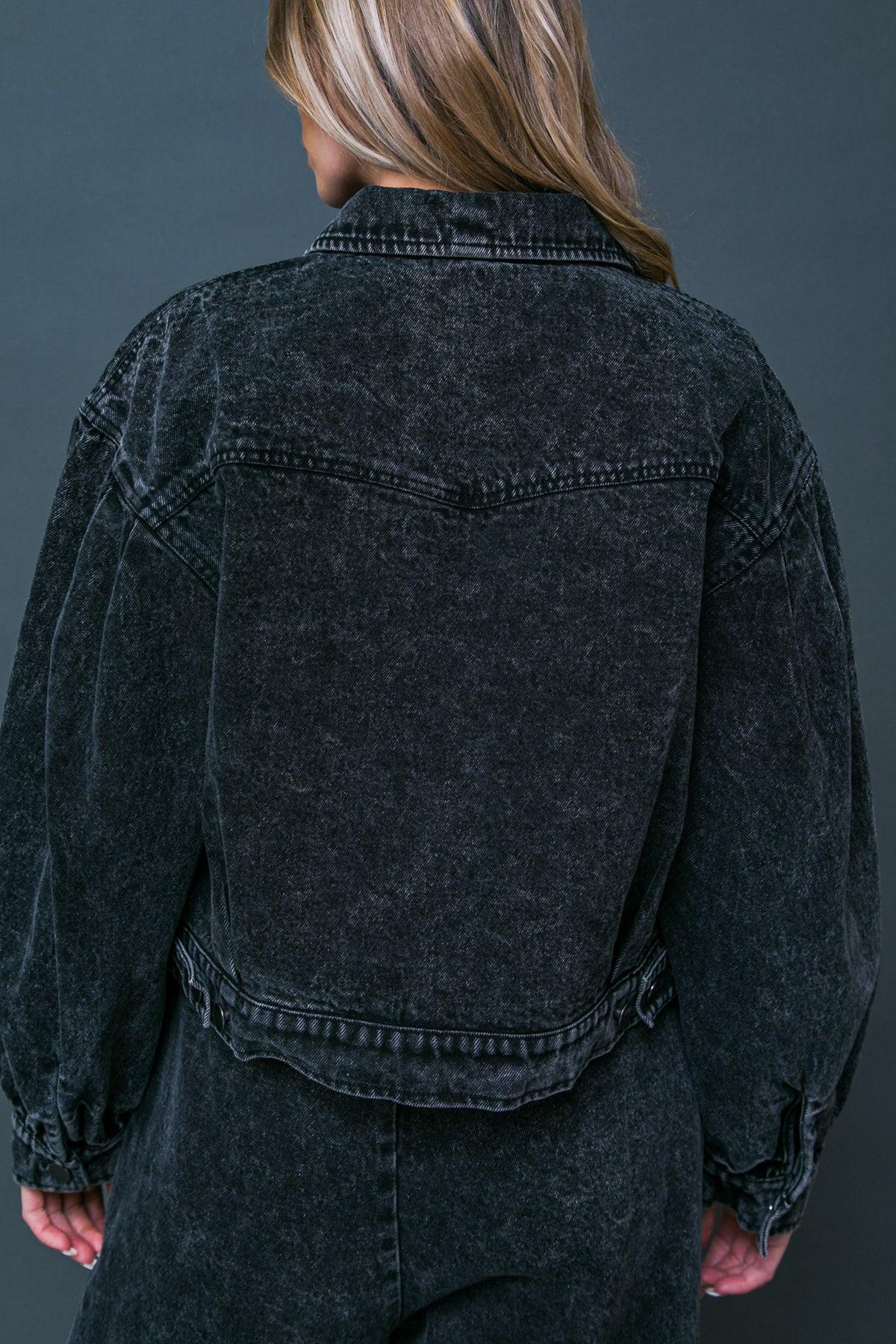 See You Go Acid Wash Denim Jacket With Puff Sleeves And Front Pockets