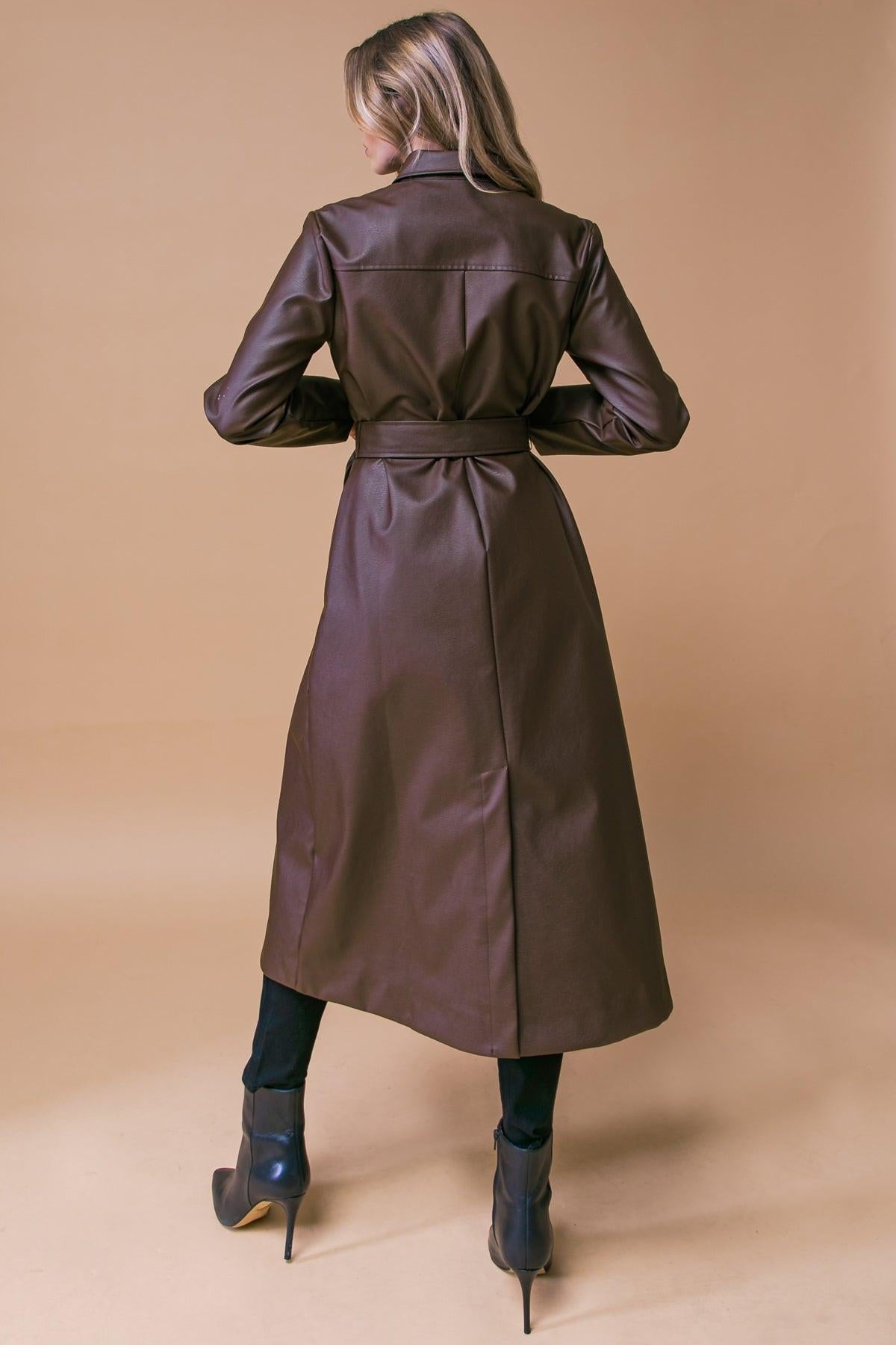 Wonderful Day Faux Leather Midi Coat With Button Down Detailing And Sash Tie