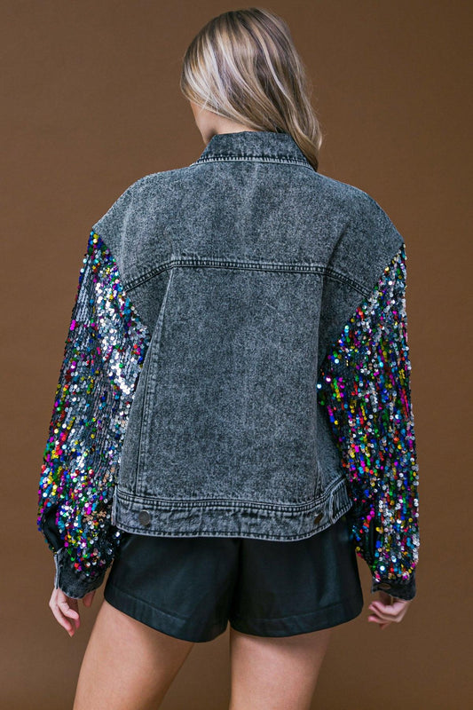 Going There Washed Denim Jacket With Button Down Front And Sequin Sleeves