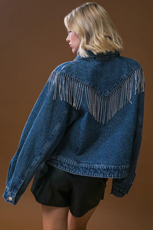 Stunning Excellence Washed Denim Jacket With Fringe Details