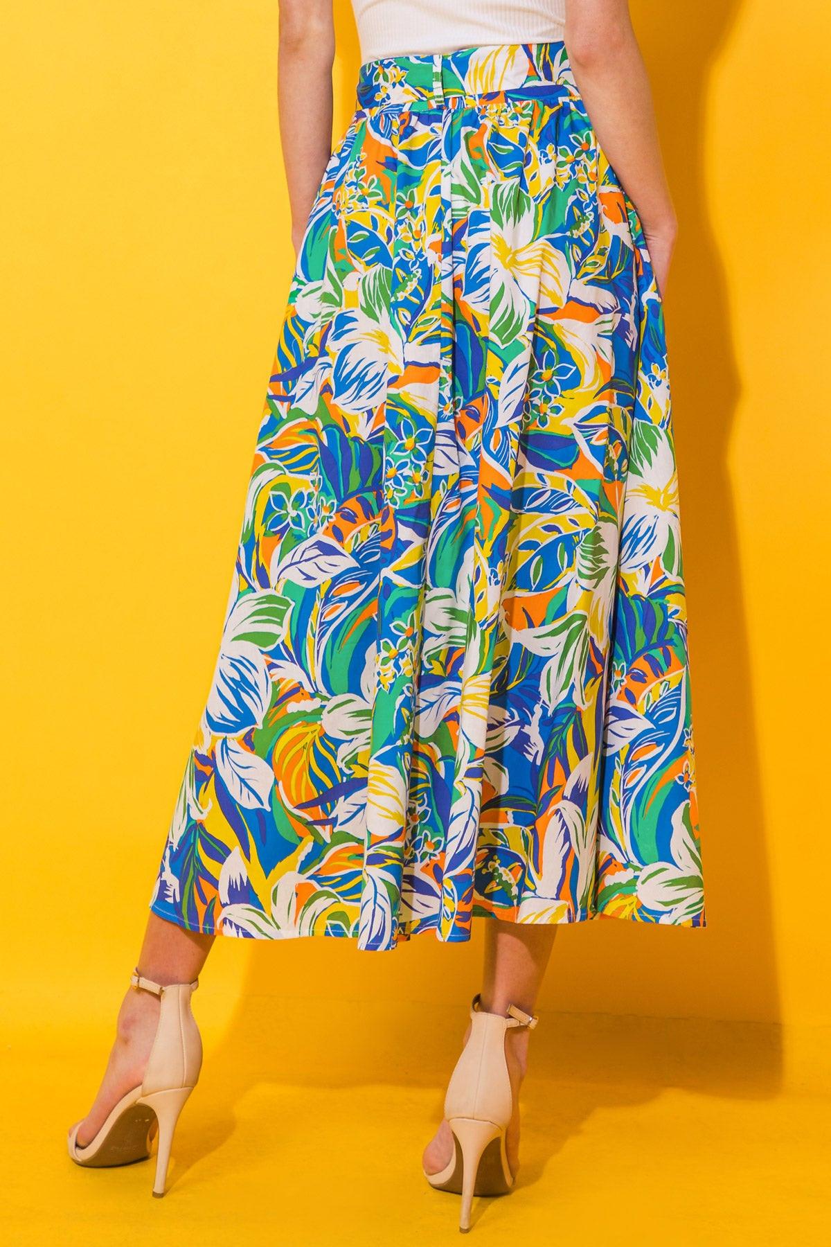 Printed Poplin Full Skirt With Self Tie And Pockets Side Zip Closure