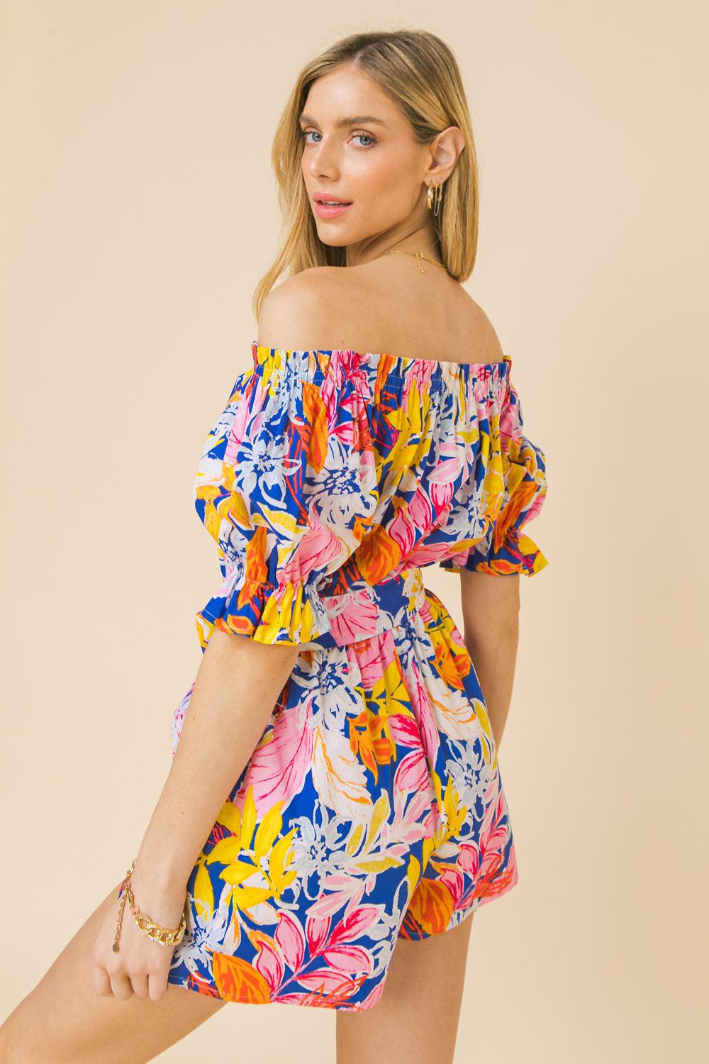 Admire You Blossom Off Shoulder Romper With Peasant Sleeves And Self Tie